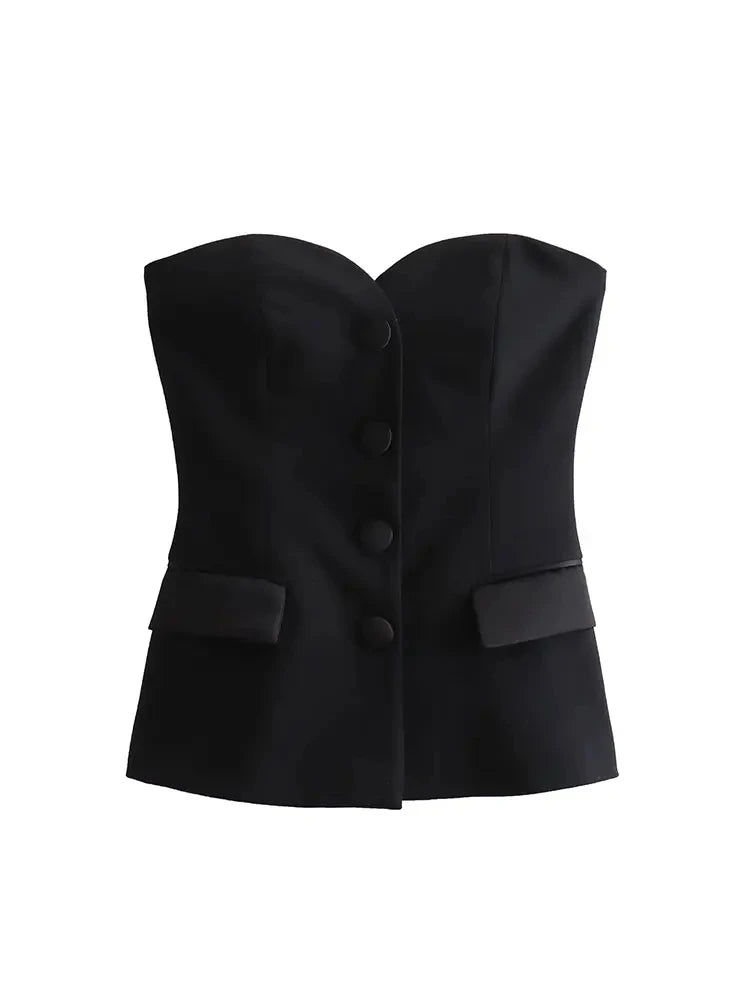 Nlzgmsj TRAF Black Crop Top Women Sexy Spliced Corset Top Female Heart Collar Backless Tops for Women Strapless Tube Tops Woman