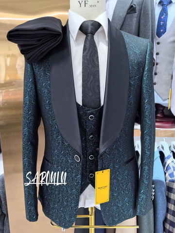 Luxurious Shawl Lapel 3-pieces Men Suit Textured Single Breasted Elegant Customized High Quality Set Vintage Party Groom Wear