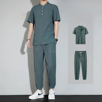 Plain Man Trousers Sets Linen T-shirts Pants Suits for Men High Quality Loose Tee Stretch Novelty in Regular Fit Casual Basic