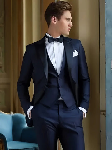Wedding Navy Blue Suits for Men Slim Fit Peaked Lepal Solid Tuxedo 3 Piece Suit for Man Trajes De Hombre Anzug Herren Men Suits