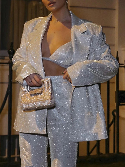 Fantoye Turn-down Collar Sequins Women Blazer Sets Silver Long Sleeve Tops Casual Pants Women Spring Loose Fashion Streetwear