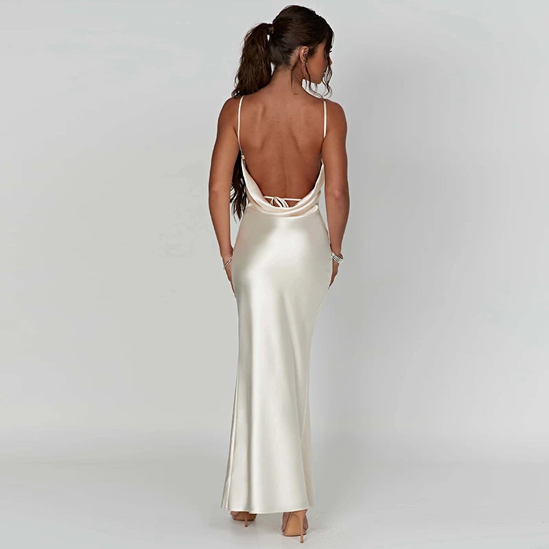 Spaghetti Strap White Long Satin Dress Elegant Party Dress For Women 2024 Summer High Slit Backless Formal Occasion Dresses Maxi