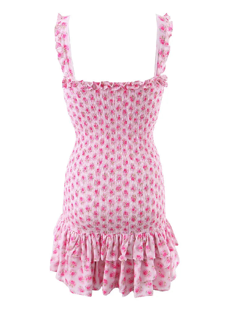 Romantic Pink Flower Print Corset Ruched Elastic Body Sling Mini Dress Woman Wood ears Ruffles Hem Package Hips Holiday Robe