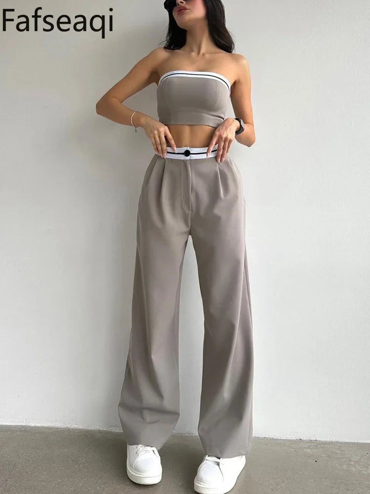 Black Women's Tracksuit with Boob Tube Top Slash Neck Contrast Color Wide Leg Trousers Suit for Women Sexy Two Piece Set Outfit