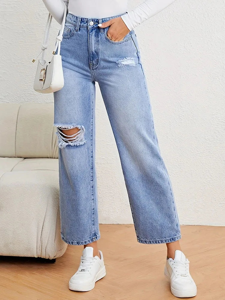 Denimcolab Women's Loose High Waist Jeans Cotton Denim With Holes Straight Leg Pants Ladies Casual Simple Solid Denim Trousers