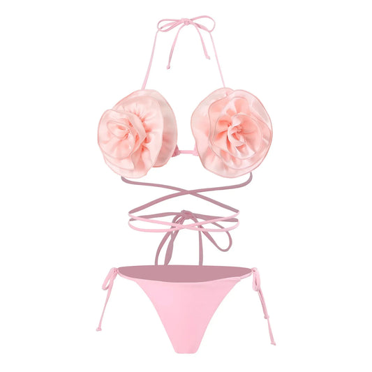sexy 3D flower micro mini bikinis sets triangle two pieces padded thong swimwear female bathing suit biquini