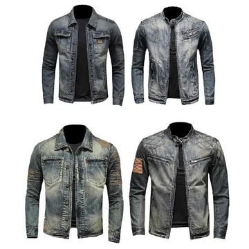 Denim Jacket Men Distressed Lapel Vintage Denim Outwear Personalized slim fit Stand Up Collar Zipper Cowboy Jacket Cycling Motor