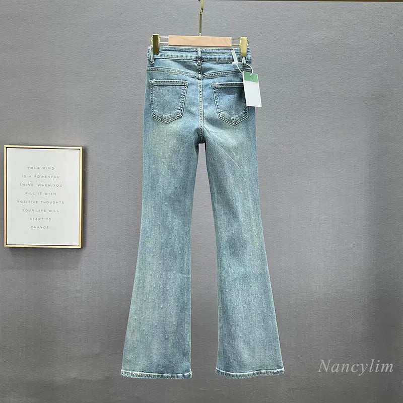 Skinny Jeans for Women 2024 Spring Cloth New High Waist Slimming Heavy Embroidery Hot Drilling Denim Pants Long Trousers