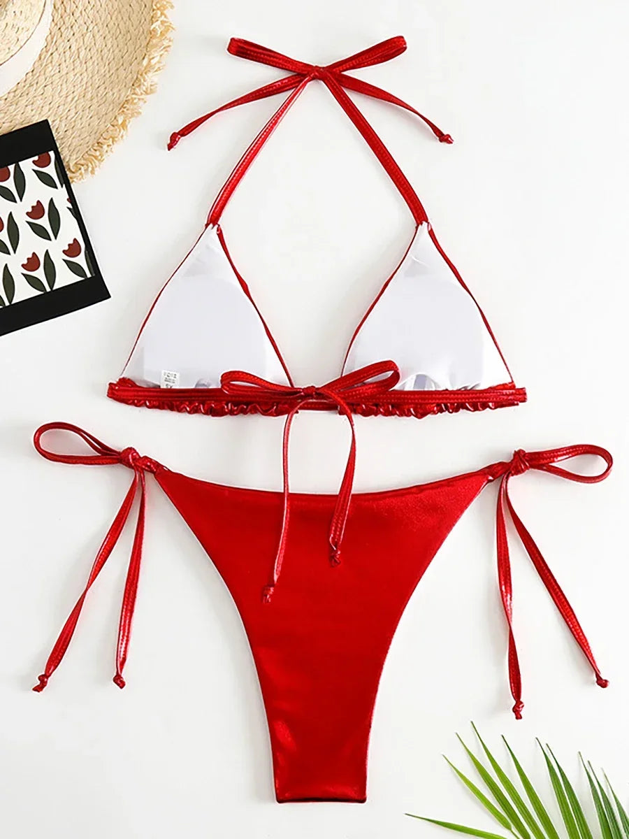 Sexy metallische Neckholder Bikinis Sets Schnür -Dreieck -Krawattenseite Bikini 2024 Badeanzug Frauen Brazilianische Badeanzüge brasilianische weibliche Badeanzüge