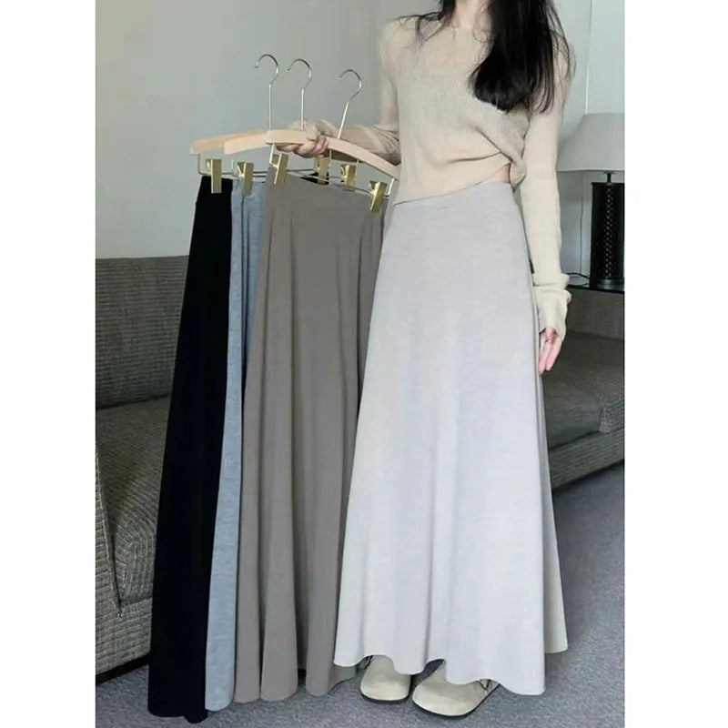 Lucyever Vintage Gray Knitted Midi Skirts Women New High Waist Slimming A-Line Skirt Woman Elegant Solid Droop Long Skirts