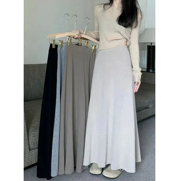 Lucyever Vintage Gray Knitted Midi Skirts Women New High Waist Slimming A-Line Skirt Woman Elegant Solid Droop Long Skirts