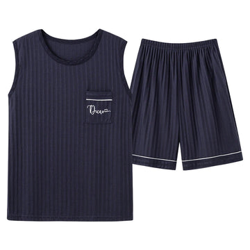 Summer New Knitted Cotton Sleeveless Men Pajamas Sets Vest Pajama For Men Sleepwear Suit Homewear Big Size L-5XL