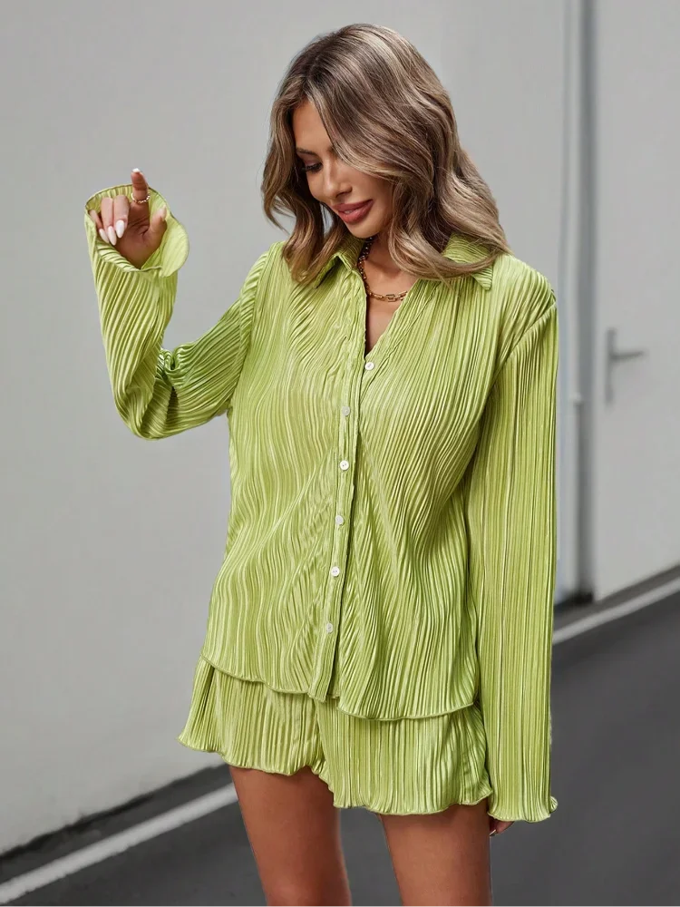 Causal Green Pleat Lapel Women Shorts Suits Fashion Long Sleeve Single Breasted Shirts 2 Piece Sets Female Summer Street Outfits