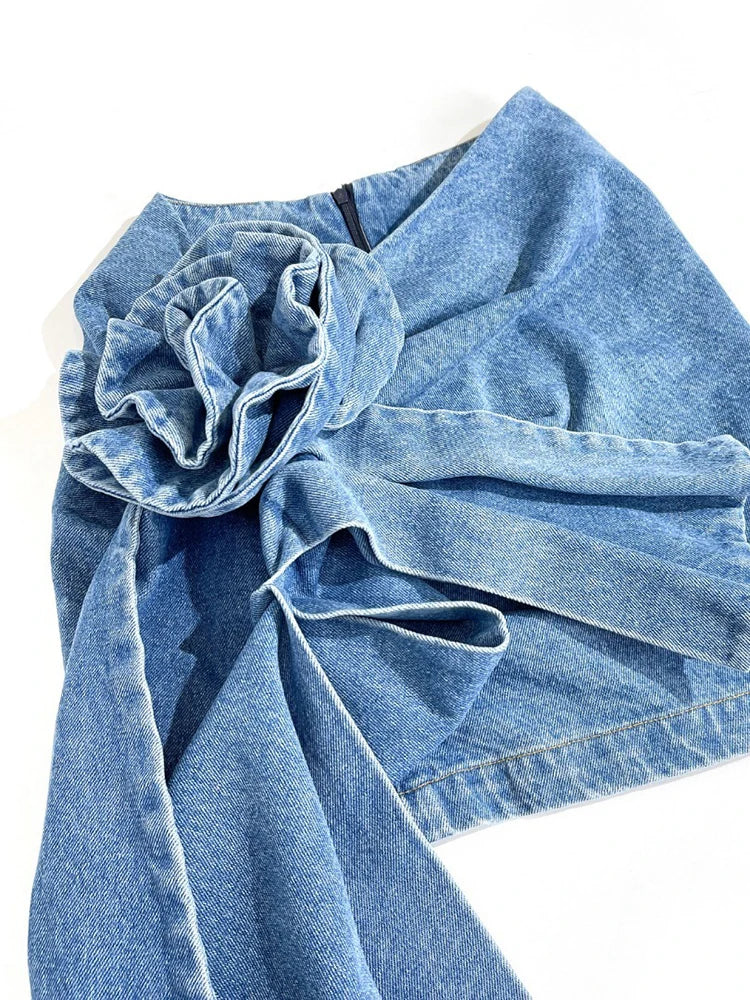 Deat Fashion Jupe pour femmes hautes taille tridimensionnelle de la rose en trois dimensions Asymétrique Bleu Denim courtes courtes Summer 2024 Nouveau 17A8357