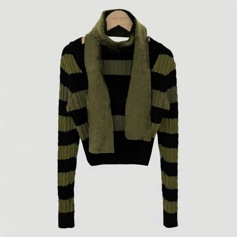 Elegant Scarf Collar and Cable Knit Long Sleeve Striped Skinny Sweater for Women