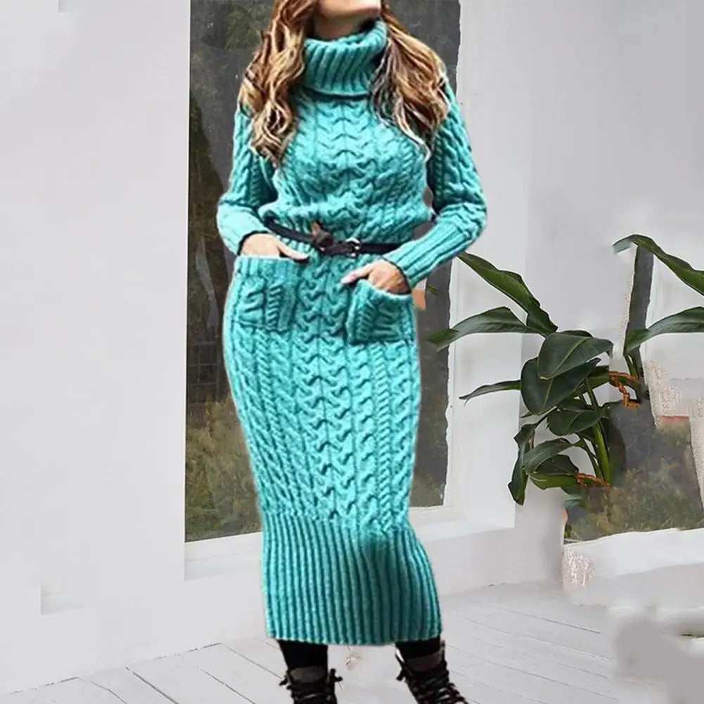 Korean Style Twist Knitted Long Dress Autumn Turtleneck Back Split Pockets Twisted Knit Casual Long Sweater Dress