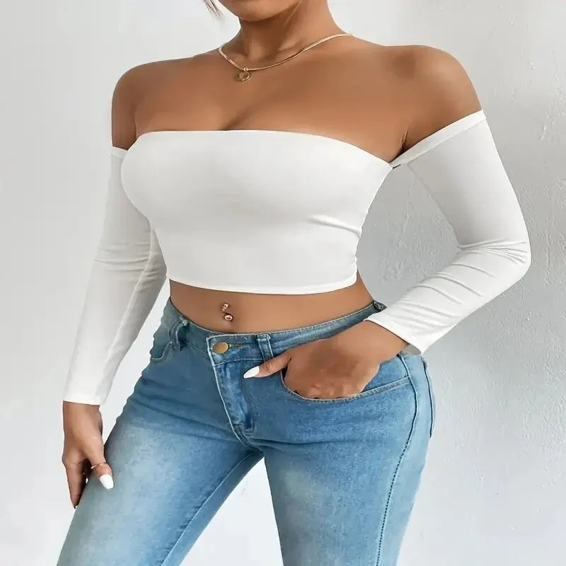 Women's Off Shoulder Long Sleeve Crop Top - Casual Spring/Fall Shirt