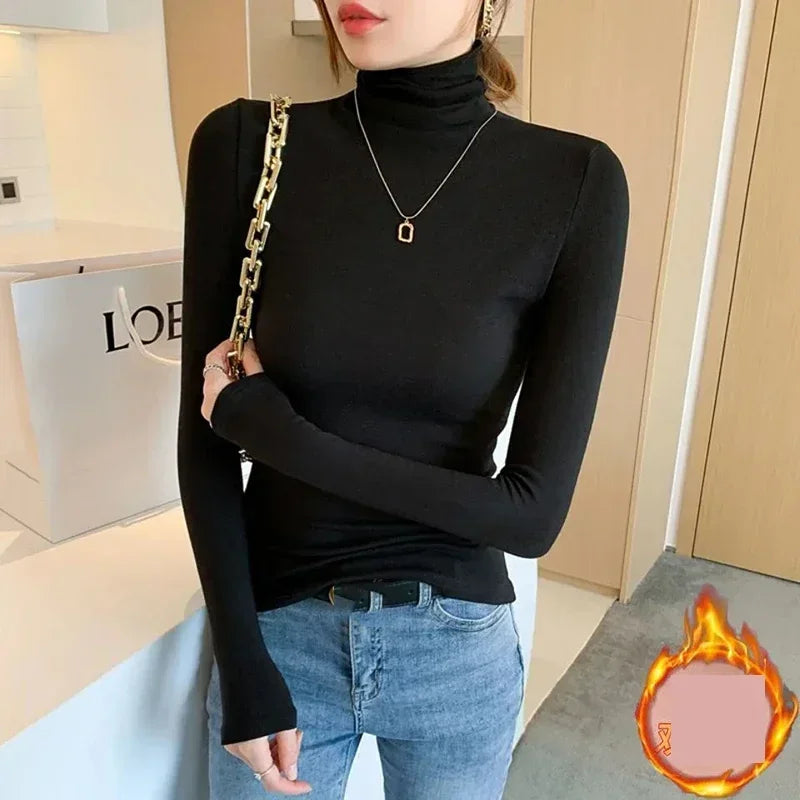 Turtleneck Undershirt Thin Velvet Slim Solid Color Women's Long Sleeved Pullover Simple Casual Korean Fashion Autumn Winter