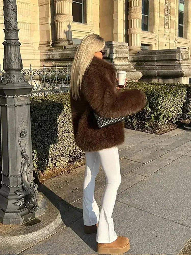 Luxury Brown Women Faux Fur Jacket Oversized Lapel Long Sleeve Warm Fluffy Coats 2024 Winter Female Loose Streetwear Outwears