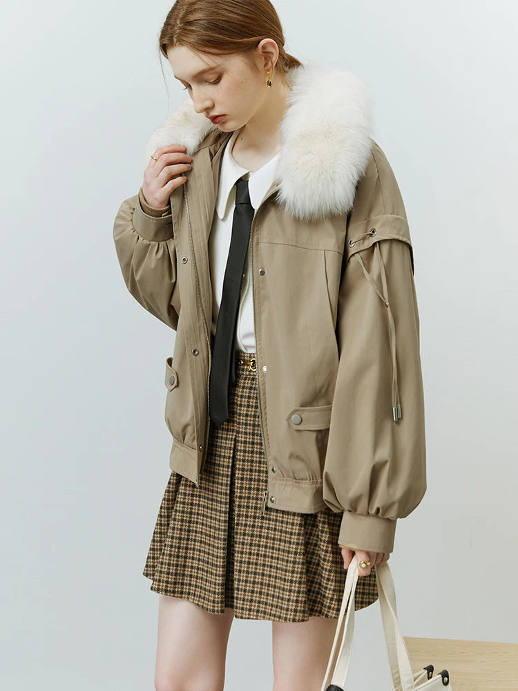 FSLE Fox Fur Collar Short Fur Coat Women's 2022 Winter New Style Overcomes Removable Rabbit Fur Liner Black Khaki Women Coats