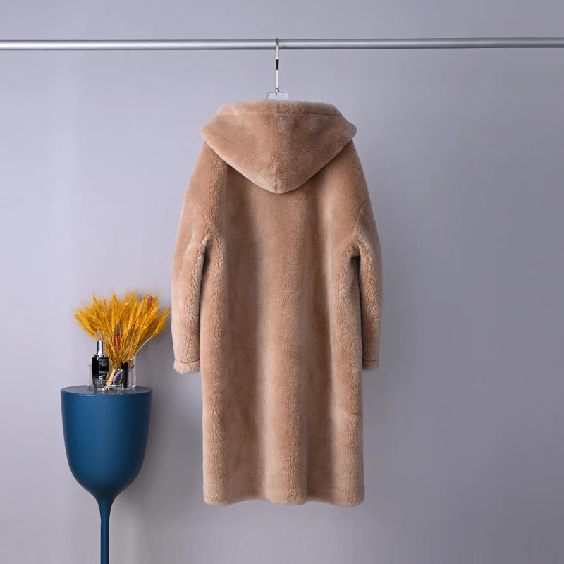 2023 Winter New Hooded Thicken Women Lamb Wool Coat Female Lady Sheep Shearling Overcoat Parka PT343