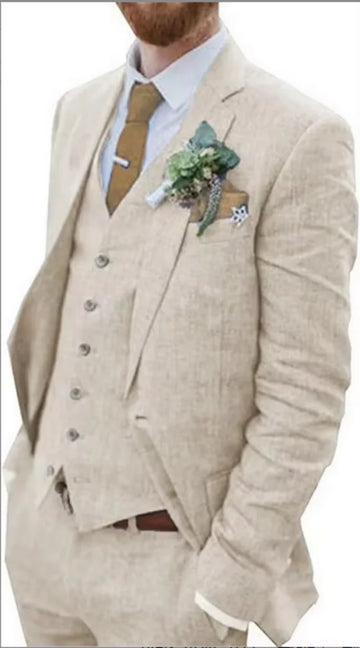 Beige/Blue Linen Suit for Men 3 Pieces Slim Fit Formal Wedding Prom Tuxedos Set Best Man Groom Costume Homme New Design Suits