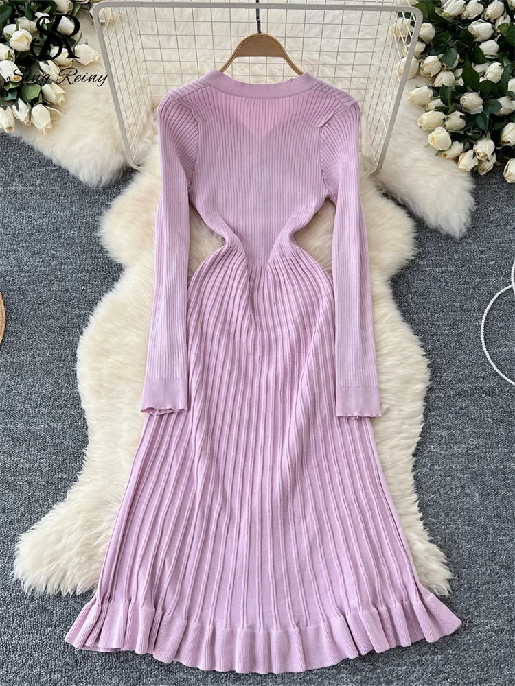 SINGREINY Autumn Knitting Sweater Dress Ladies V-Neck Single Breasted Full Sleeve Soft Slim Senior Knitted Casual Long Dress