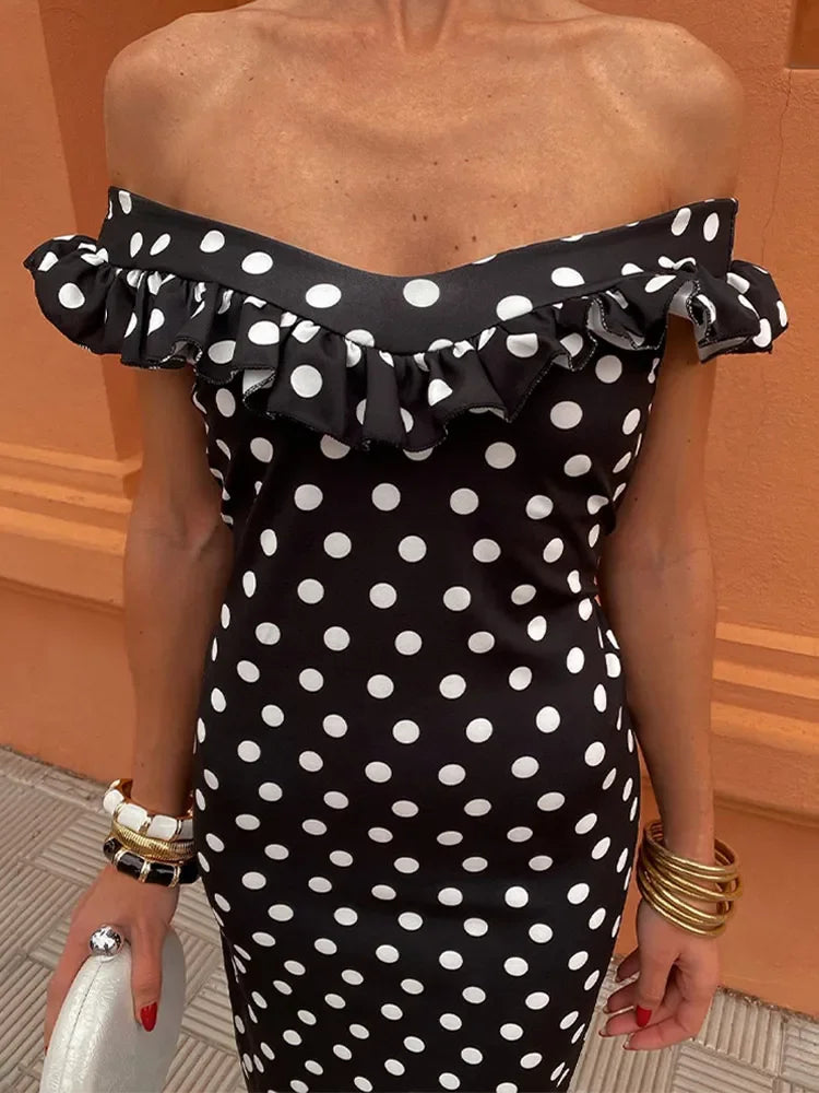 Elegant Polka Dot Print Ruffles Maxi Dress Women Fashion Strapless Slash Neck Backless Vestidos 2024 Lady Party Club Sexy Robes