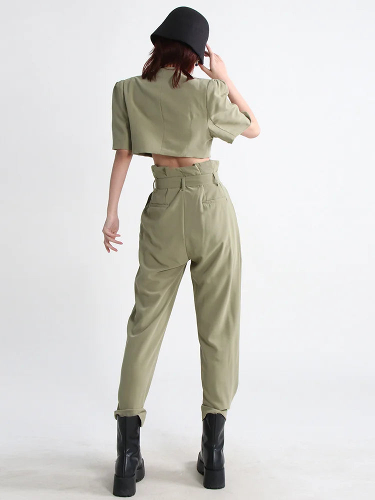 VGH Slim Two Piece Sets For Women V Neck Short Sleeve Crop Tops High Waist Spliceed Belt Wide Leg Pants Casual Set Female 2023