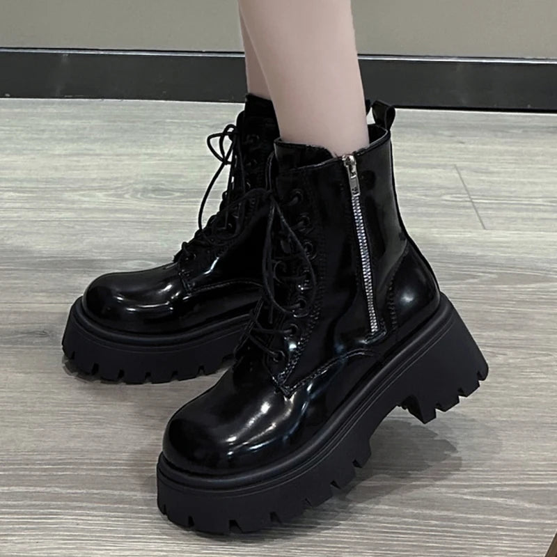 Chunky Platform Women's Ankle Boots Autumn 2024 Black Patent Leather Motorcycle Boots Woman Gothic Thick Bottom Combat Booties