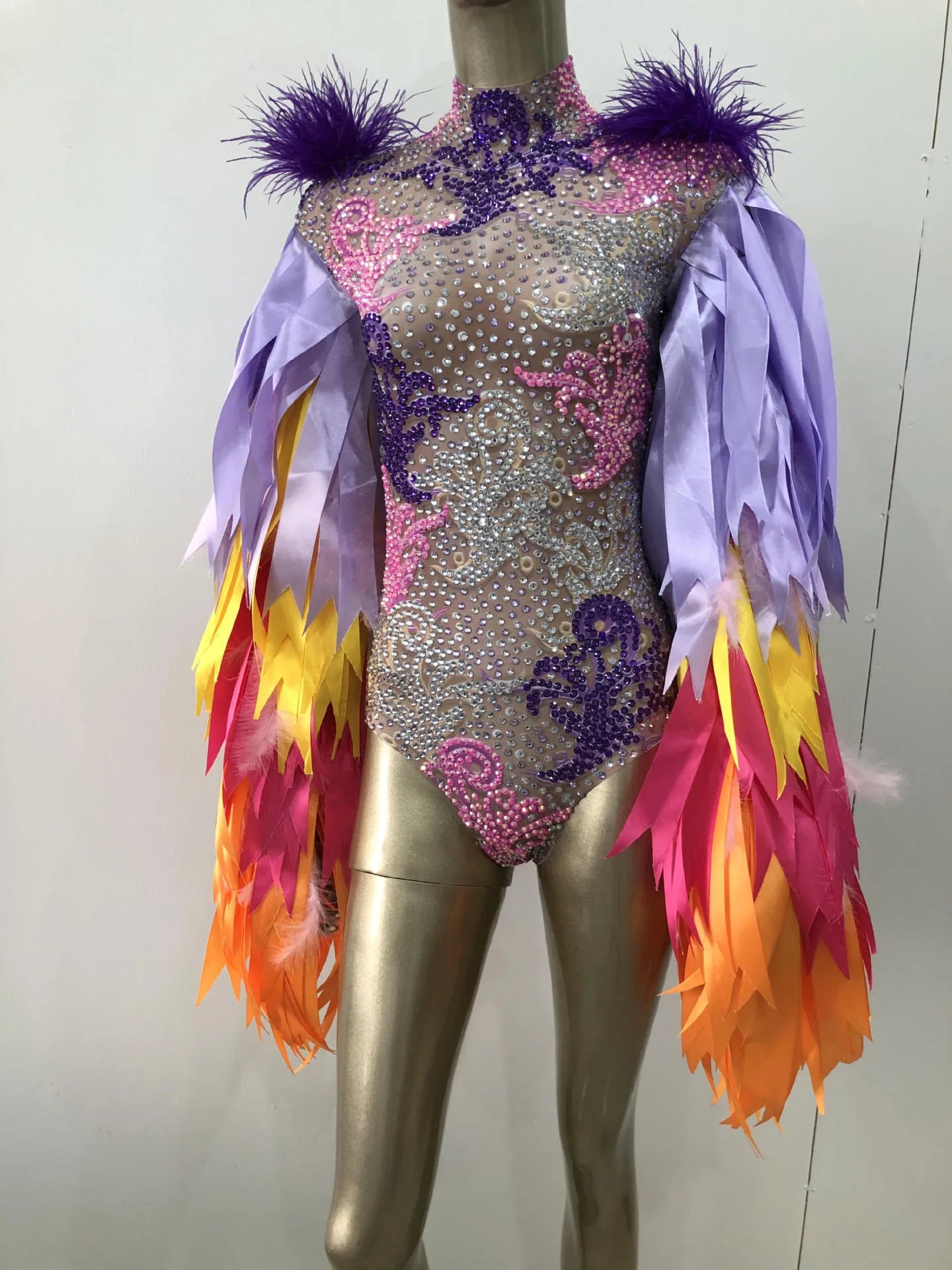 Fashion Stage Wear Ribbon Strip Strip Feathe Sinestone Body Codice Nightclub Burblub Bar Outfit Performance Dance Costume