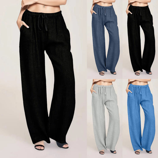 Ladies Casual Solid Color Pants Drawstring Cotton Linen Loose Yoga Sports Fitness Trousers Womens Baggy Pants