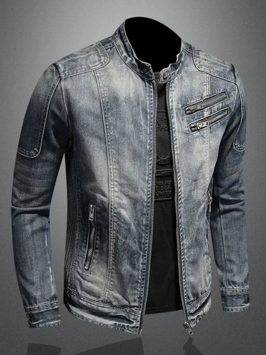 Men's Retro Denim Jacket Casual Oversized Stand Up Collar Zippered Jacket Cycling Motorcycle Coat Trend Loose Fit Top