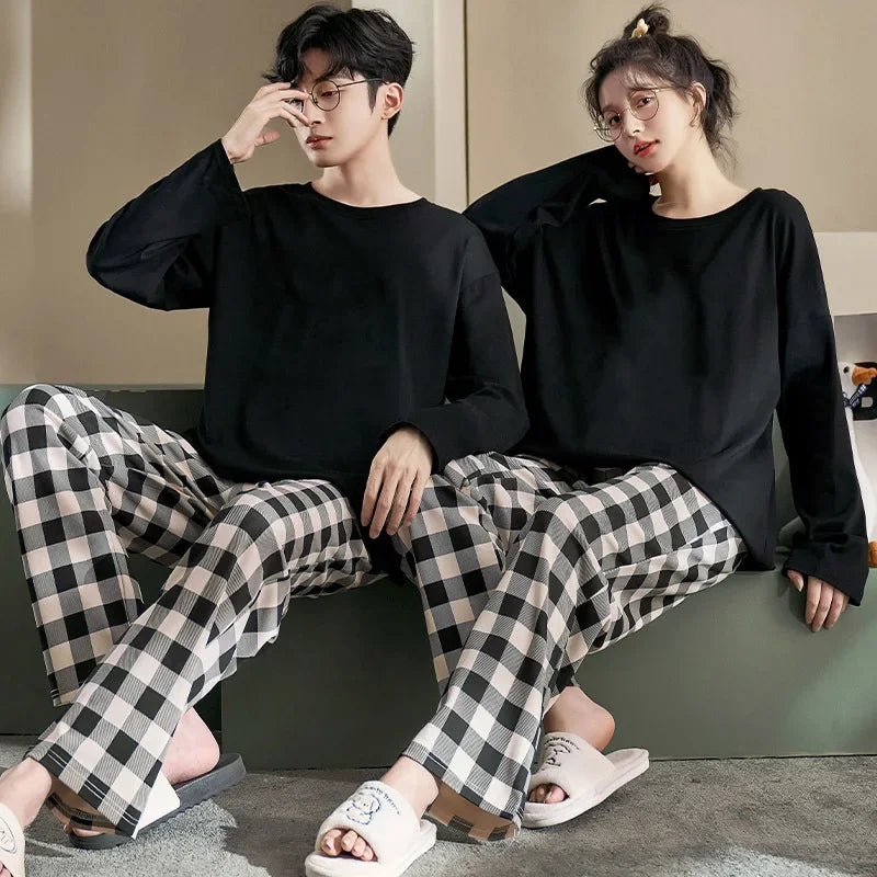 New Men Pajamas Couple Cotton Long-sleeved Autumn Winter Plaid Simple Leisure Loose Homewear Suit Men Women Can Be Worn Outside