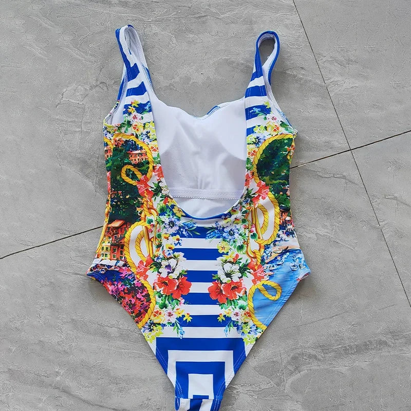 Marca de luxo colorida estampada de roupa de banho de uma peça 2023 Mulheres Summer Summer Beach Biquíni Padrão de paisagem colorida Sexy Swimsuit