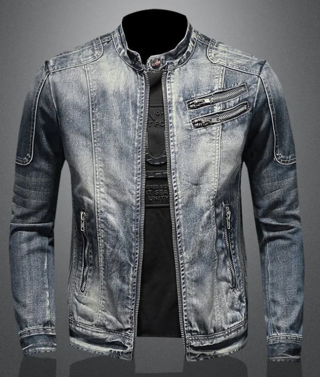 Denim Jacket Men Distressed Lapel Vintage Denim Outwear Personalized slim fit Stand Up Collar Zipper Cowboy Jacket Cycling Motor