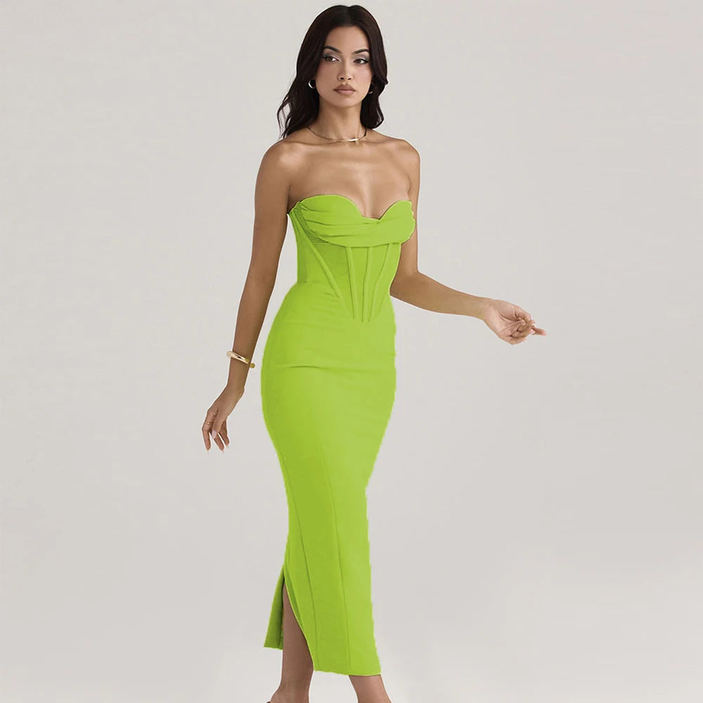 Elegant Women Strapless Bandage Dress Sexy Draped Bodycon Clothing Club Party Midi Dresses