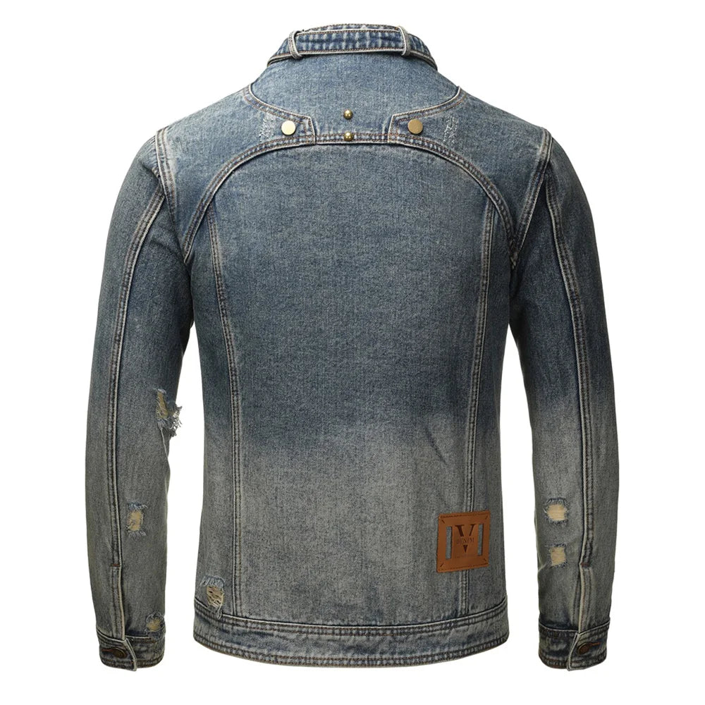 Men Rivet Denim Jacket Casual Holes Ripped Cotton Biker Coat Stand Collar Gradient Color Vintage Retro Blue Outerwear