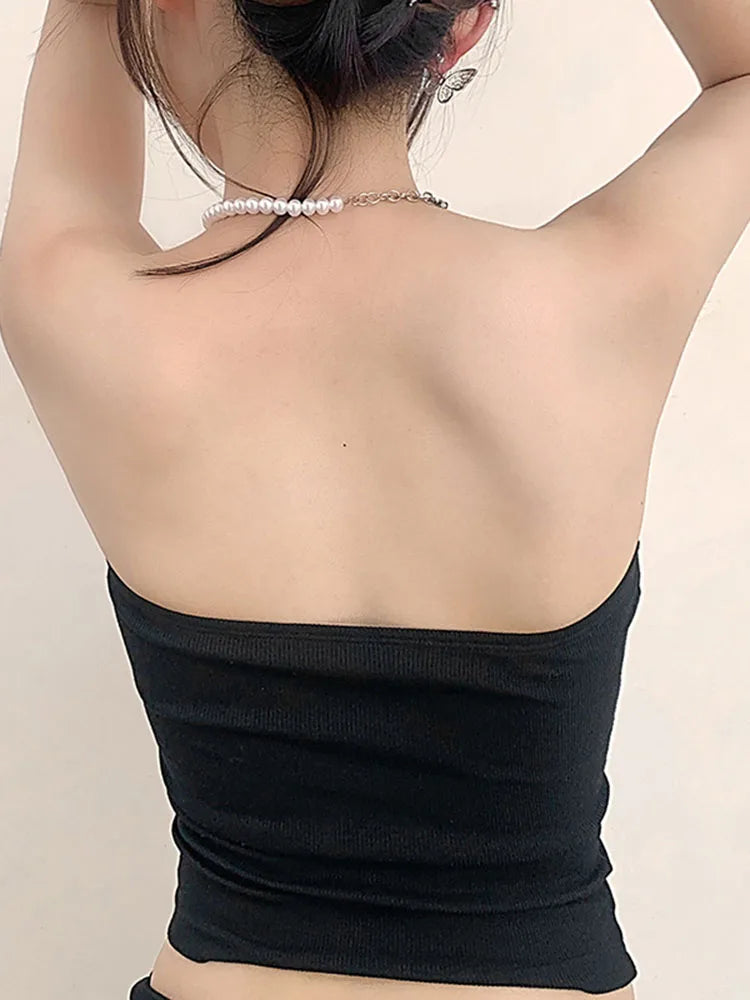 Techwear Punk Black Crop Tops Gothic Cyber Y2k Grunge Bodycon Women Strapless Backless Summer Sexy Basic Crop Tube Top