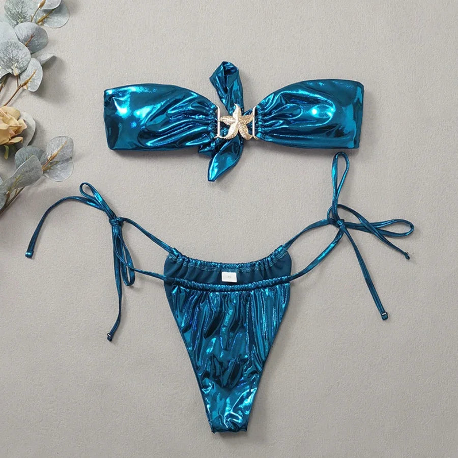 Gem Blue Glossy Bikini 2024 Women's Clothing Swimsuit Summer Beach Vacation Outfits Thong Bathing Suit Bandeau Backless Swimwear