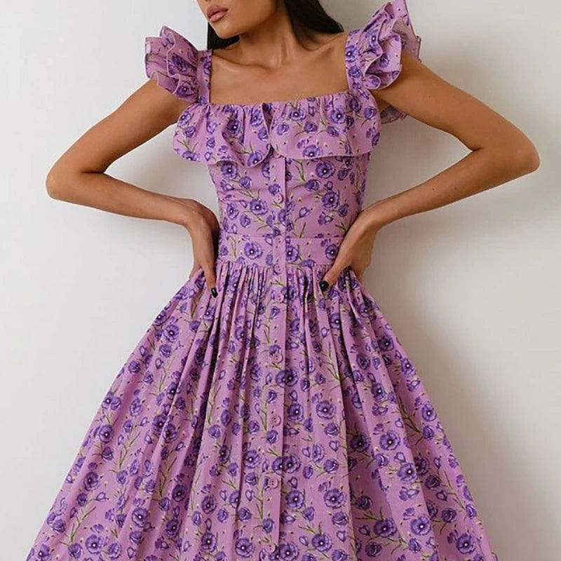 Sexy Square Neck Flying Sleeve Long Dress Elegant Floral Print Hight Waist Party Dress Women Fashion Button Pleated Bohe Dresses