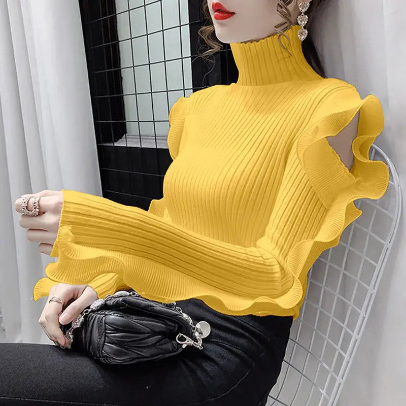 Turtleneck Knitted Ruffles Top For Autumn Winter New Off Shoulder Slim Long Sleeved Base Sweater Korean Fashion Woman Clothes