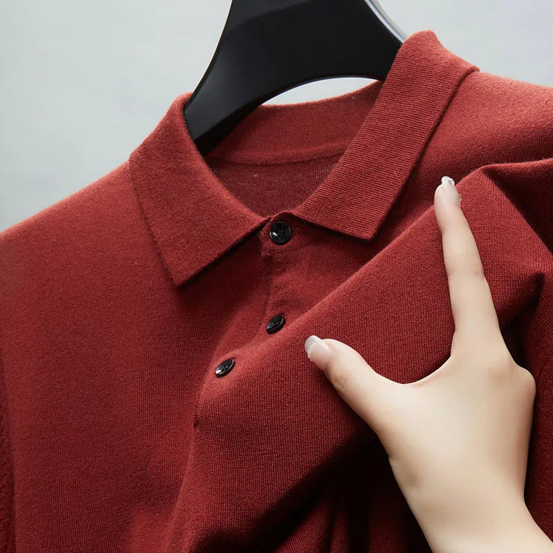 Men's Fine Wool Sweater Polo Collar Pullover Spring Autumn New Cashmere Knitwear Smart Casual Loose Men's Shirts Warm Soft Tops