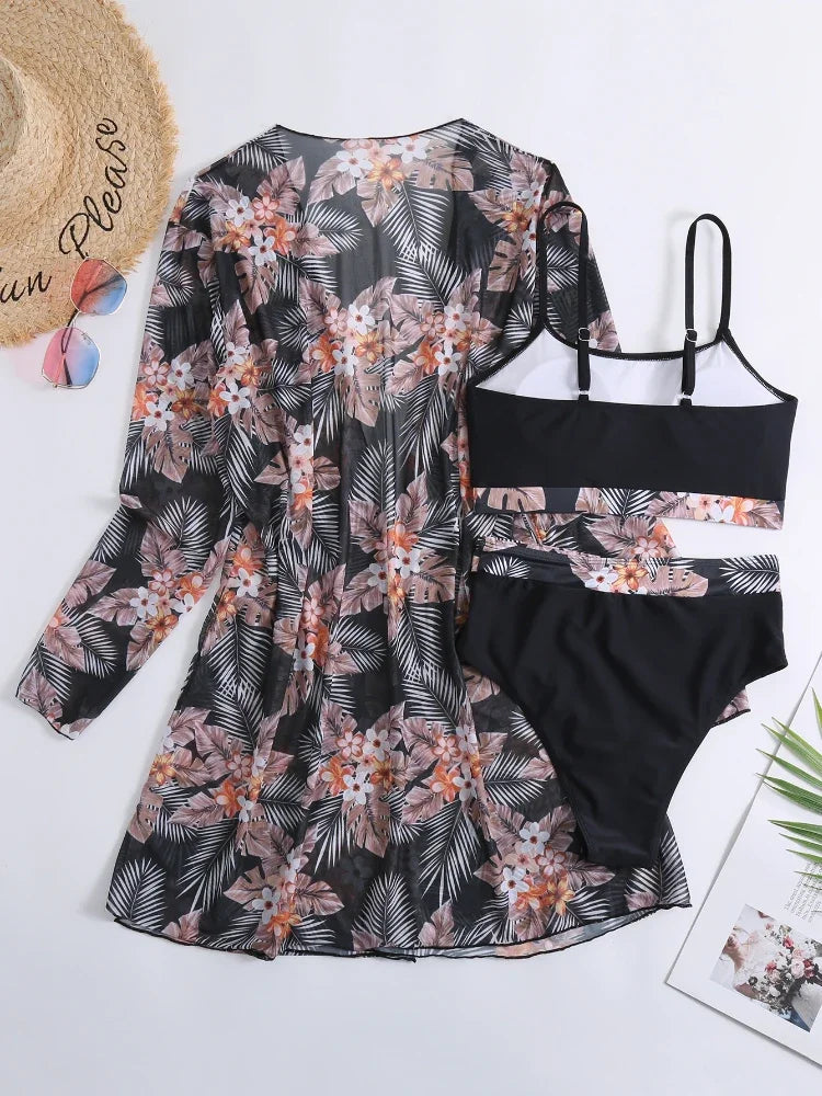 2024 New 3 Pieces Set High Waist Bikini Women Swimsuit&Kimono Bandeau Swimwear Sexy Cover Ups Floral Beachwear Bathing Suit