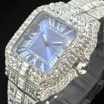 UNIGUET Fashion Blue Watch For Men Hip Hop Ice Diamond Quartz Watch Luxury Roman Literal Square Wristwatch Man Gift Dropshipping