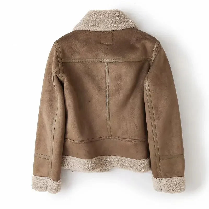 Women Winter Faux Shearling Sheepskin Fake Leather Jackets Lady Thick Warm Suede Lambs Short Motorcycle Brown Coats Leather