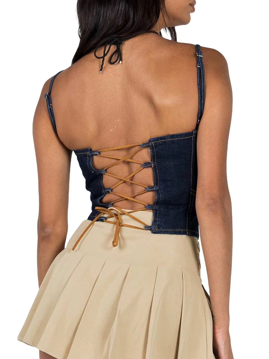 Camisole de jeans feminina, tiras de espaguete, sem costas, tampos de verão finos e sem fundo