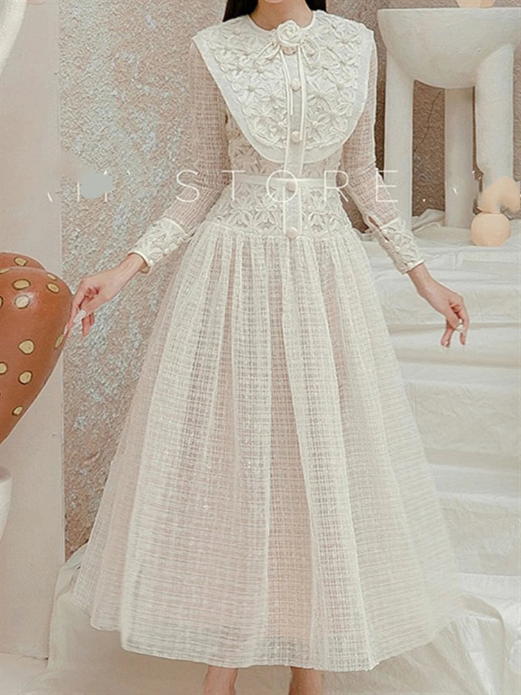 Automne Spring Boho Elegant Party Luxury Robes Femme Robe Robe Broidery Lace Rison 2023 Vintage High Taies Long Manche Vestido