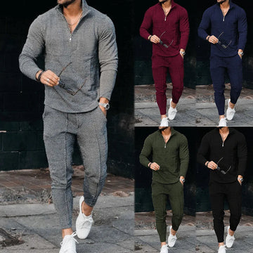 Spring Autumn New Fashion Men's Solid Color Long Sleeved Sports Texture Set Casual Half Zipper Stand Collar 2 Pieces Trendy Sets