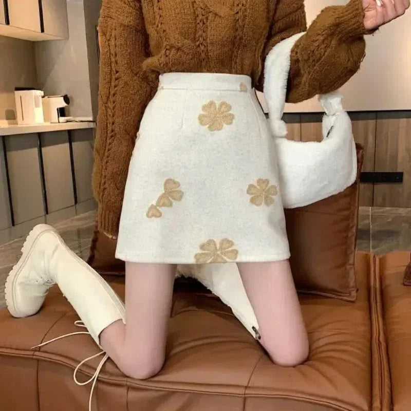 Sweet Fashion Preppy Style Autumn/Winter New Women's Woolen Embroidered Zipper Korean Casual High Waist Slim Short A-line Skirt